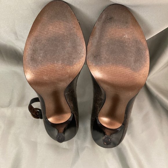 Carlos Santana Black Brass Ankle Strap Leather Peep Toe Pumps Size 6 - Picture 13 of 16